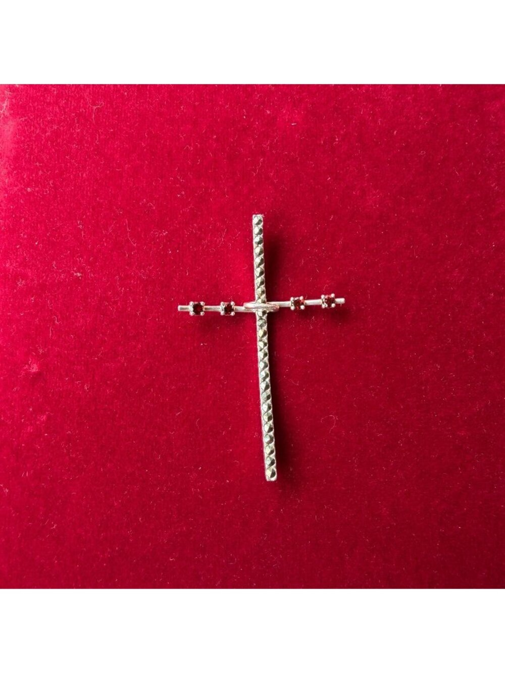 925 Sterling Silver Genuine Red Garnet Cross Pendant Modern Textured Necklace